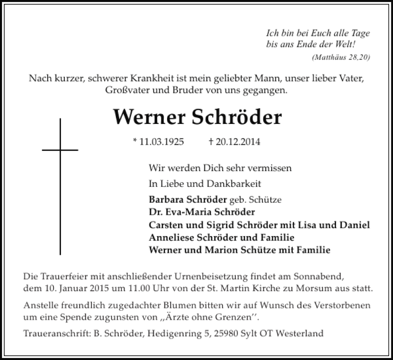  Traueranzeige für Werner Schröder vom 03.01.2015 aus Sylter Rundschau