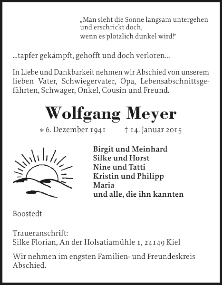  Traueranzeige für Wolfgang Meyer vom 16.01.2015 aus Holsteinischer Courier