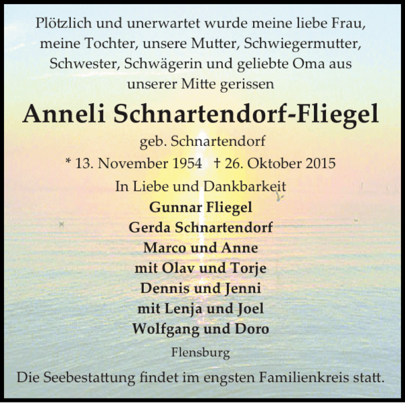  Traueranzeige für Anneli Schnartendorf-Fliegel vom 31.10.2015 aus Flensburger Tageblatt