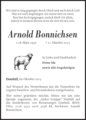Traueranzeige von Arnold Bonnichsen von Flensburger Tageblatt