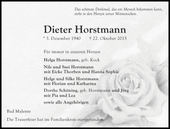 Traueranzeige von Dieter Horstmann von Ostholsteiner Anzeiger