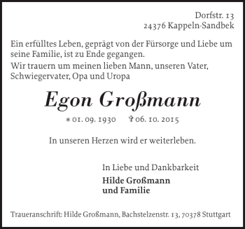 Traueranzeige von Egon Großmann von Schlei-Bote