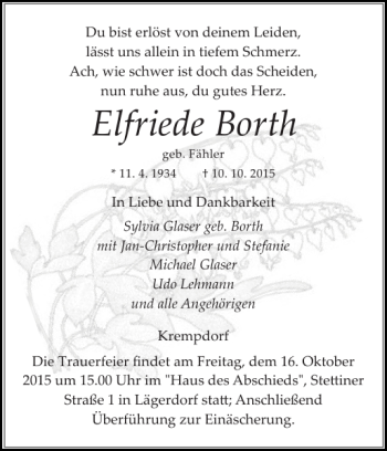 Traueranzeige von Elfriede Borth von Norddeutsche Rundschau