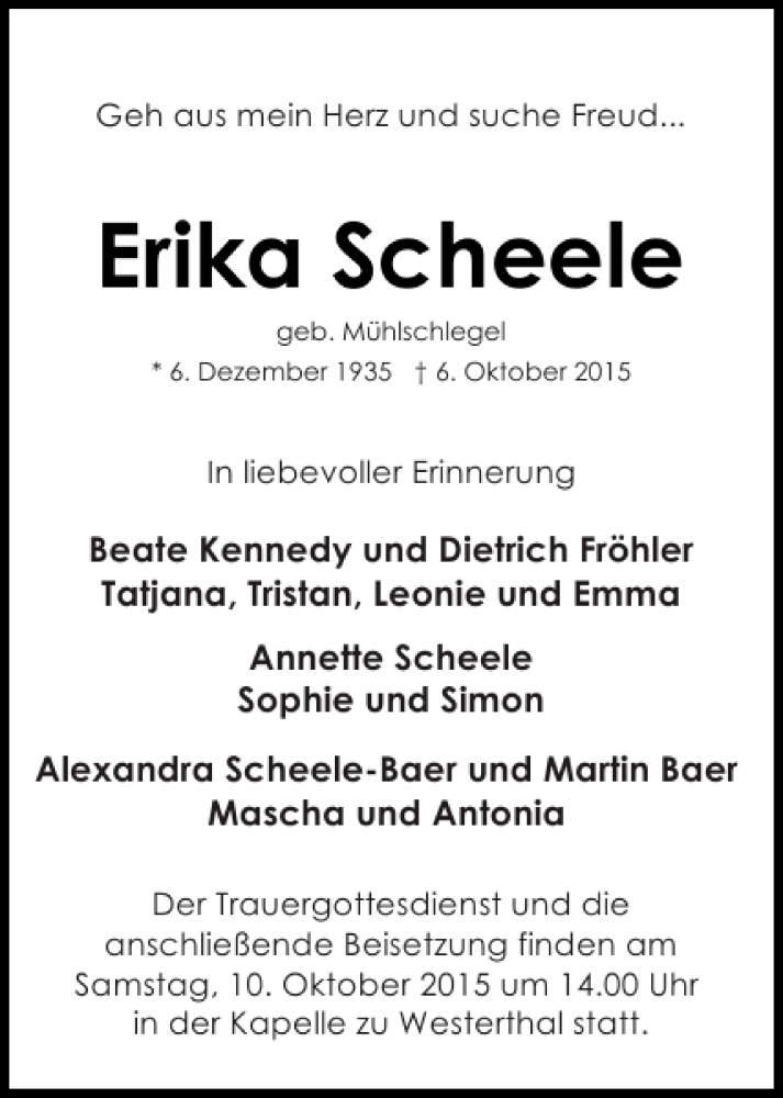  Traueranzeige für Erika Scheele vom 09.10.2015 aus Eckernförder Zeitung