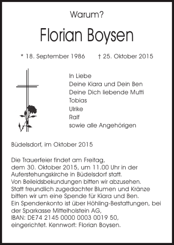  Traueranzeige für Florian Boysen vom 28.10.2015 aus Landeszeitung