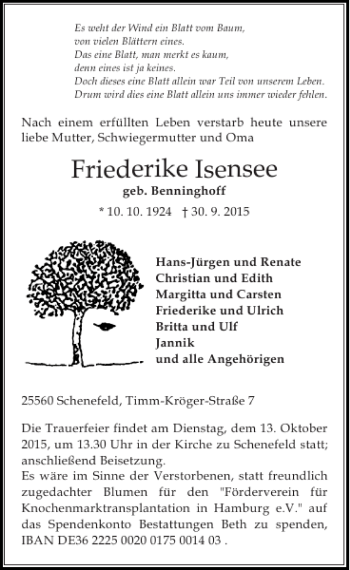 Traueranzeige von Friederike Isensee von Norddeutsche Rundschau