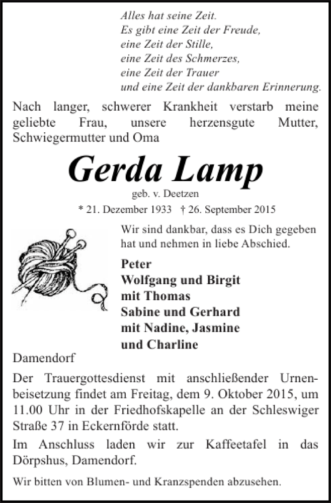  Traueranzeige für Gerda Lamp vom 01.10.2015 aus Eckernförder Zeitung