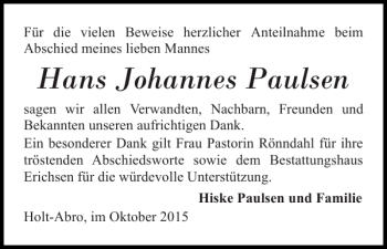 Traueranzeige von Hans Johannes Paulsen von Flensburger Tageblatt