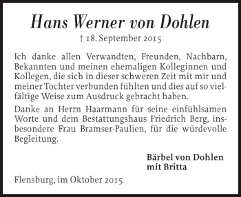Traueranzeige von Hans Werner von Dohlen von Flensburger Tageblatt
