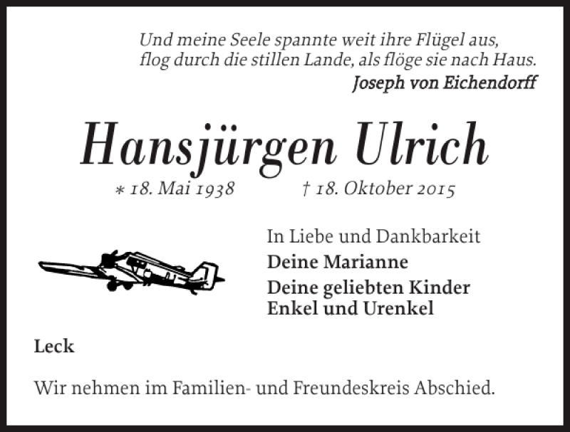  Traueranzeige für Hansjürgen Ulrich vom 24.10.2015 aus Nordfriesland Tageblatt
