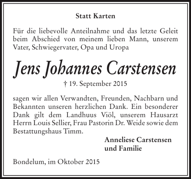  Traueranzeige für Jens Johannes Carstensen vom 17.10.2015 aus Husumer Nachrichten