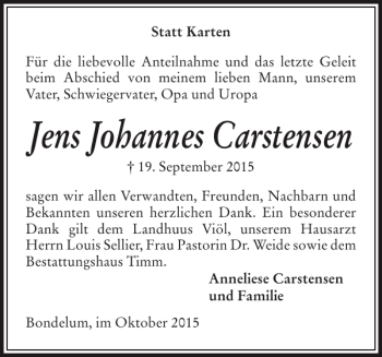Traueranzeige von Jens Johannes Carstensen von Husumer Nachrichten