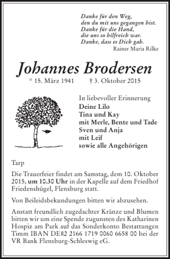 Traueranzeige von Johannes Brodersen von Flensburger Tageblatt