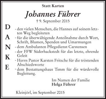 Traueranzeige von Johannes Führer von Flensburger Tageblatt