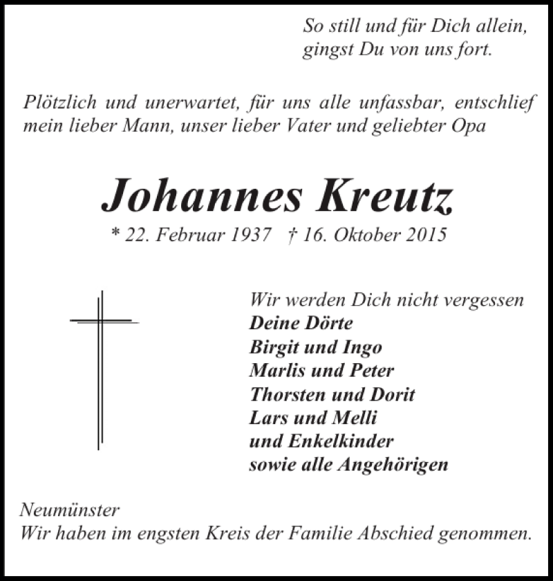  Traueranzeige für Johannes Kreutz vom 31.10.2015 aus Holsteinischer Courier
