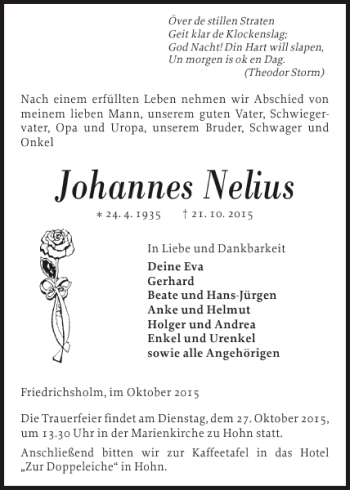 Traueranzeige von Johannes Nelius von Landeszeitung