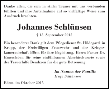 Traueranzeige von Johannes Schlünsen von Schleswiger Nachrichten