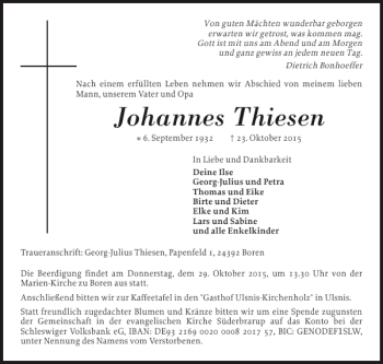 Traueranzeige von Johannes Thiesen von Schleswiger Nachrichten