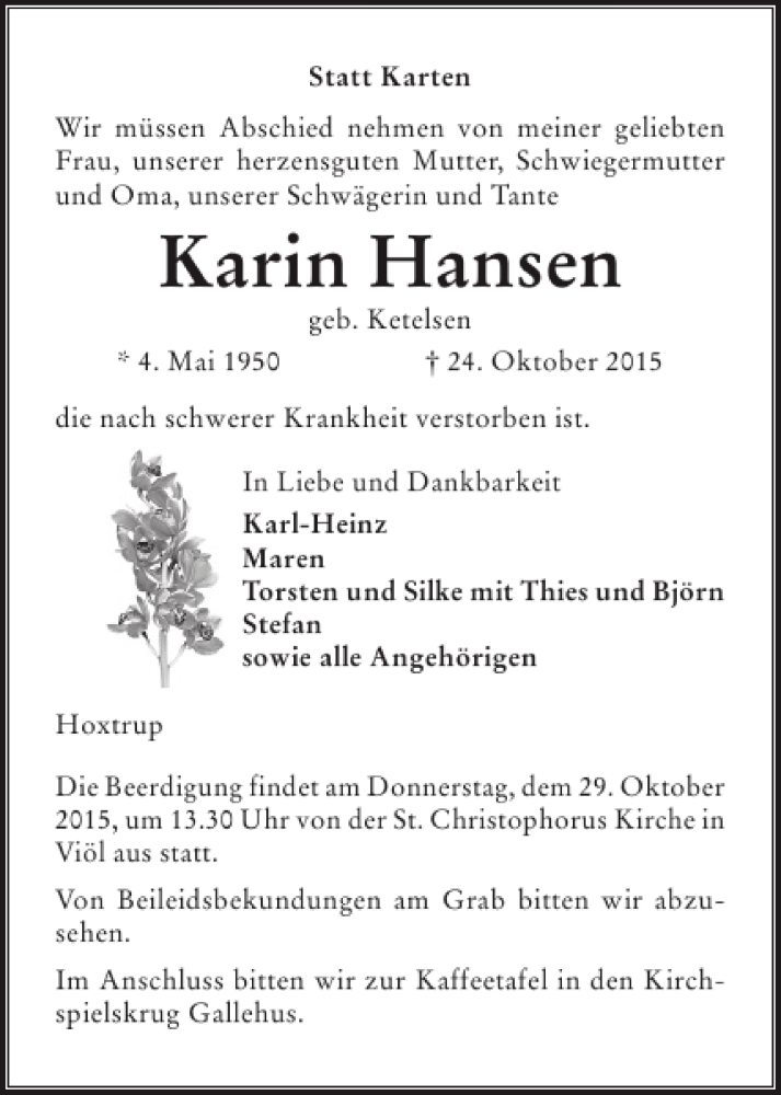  Traueranzeige für Karin Hansen vom 27.10.2015 aus Husumer Nachrichten