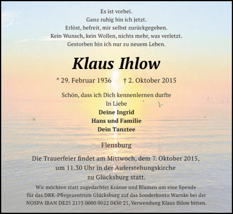  Traueranzeige für Klaus Ihlow vom 05.10.2015 aus Flensburger Tageblatt