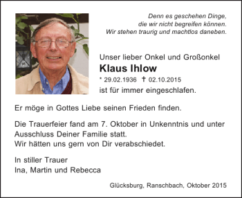 Traueranzeige von Klaus Ihlow von Flensburger Tageblatt
