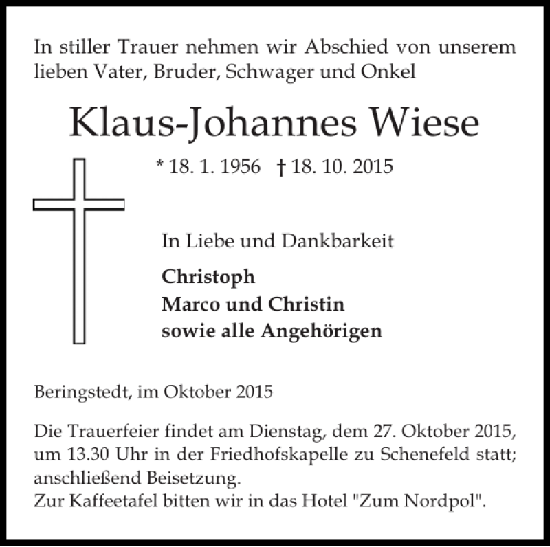  Traueranzeige für Klaus-Johannes Wiese vom 21.10.2015 aus Norddeutsche Rundschau