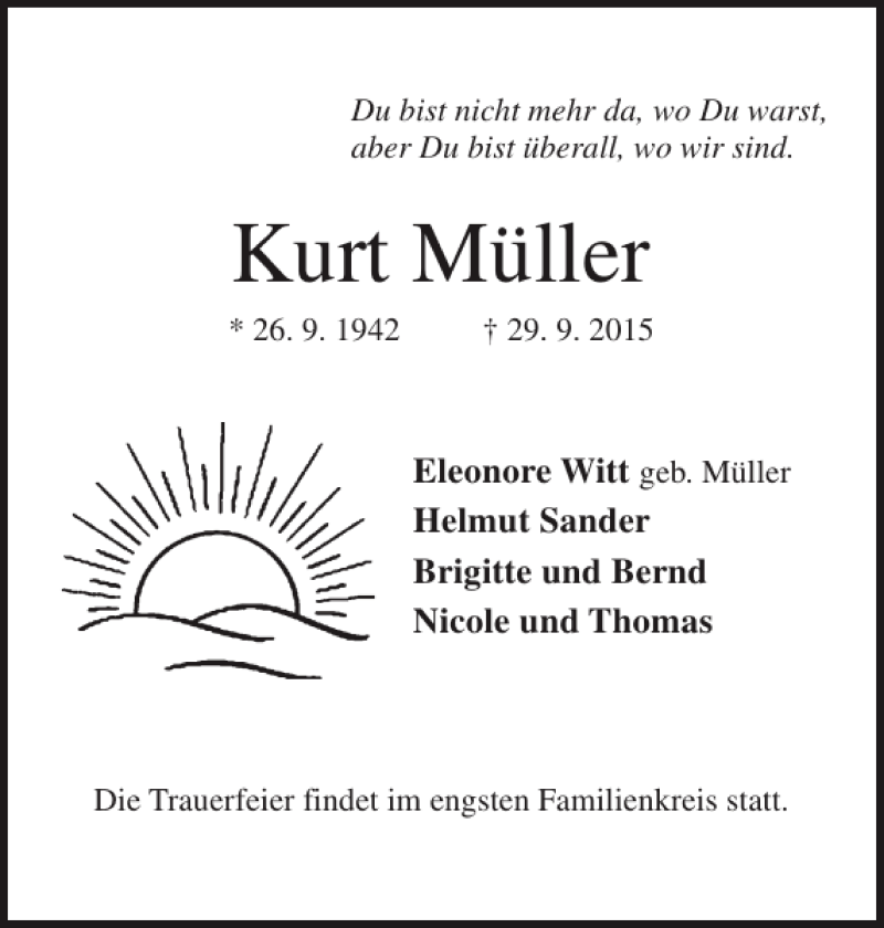  Traueranzeige für Kurt Müller vom 14.10.2015 aus Pinneberger Tageblatt