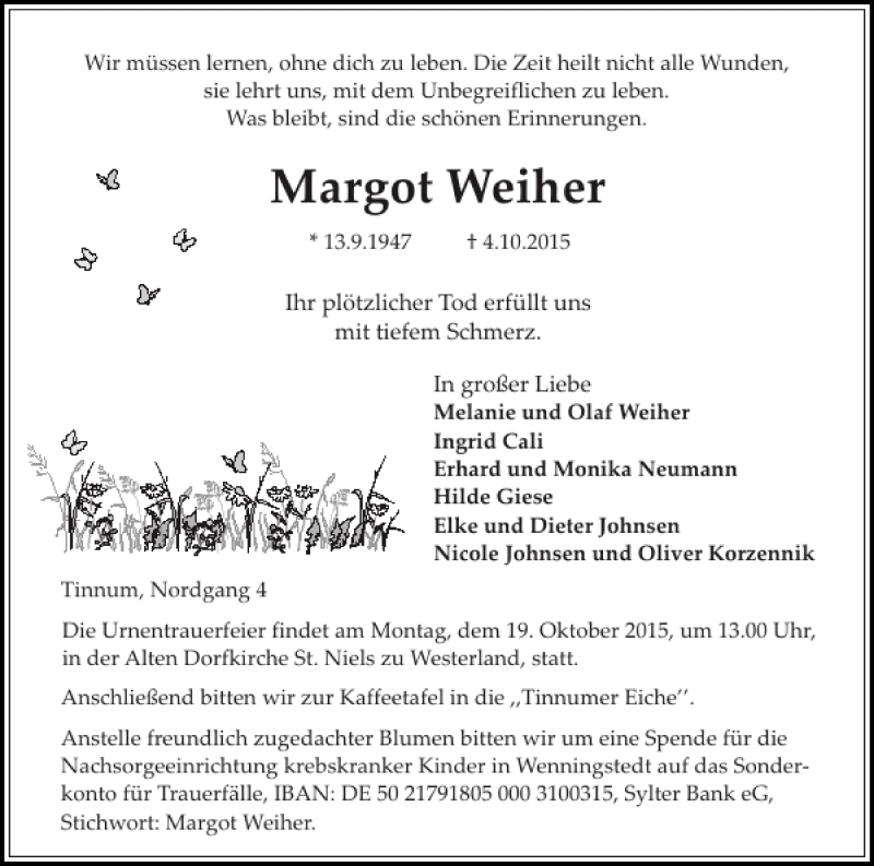  Traueranzeige für Margot Weiher vom 10.10.2015 aus Sylter Rundschau