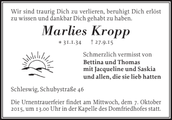 Traueranzeige von Marlies Kropp von Schleswiger Nachrichten
