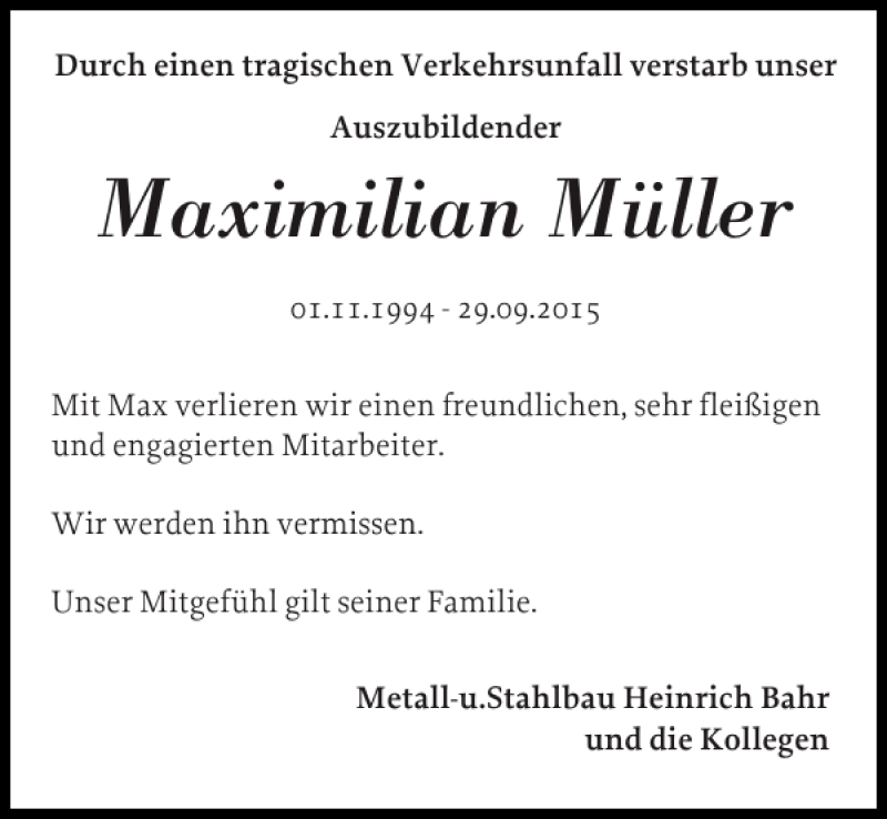  Traueranzeige für Maximilian Müller vom 10.10.2015 aus Schleswiger Nachrichten