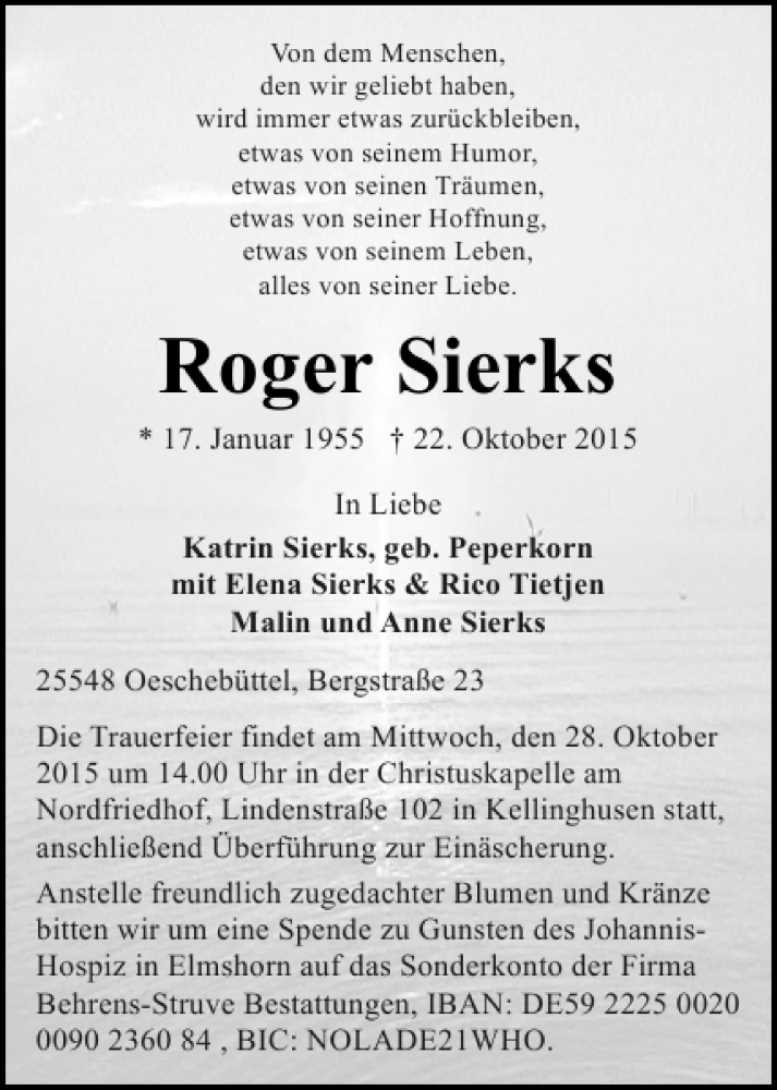  Traueranzeige für Roger Sierks vom 26.10.2015 aus Norddeutsche Rundschau
