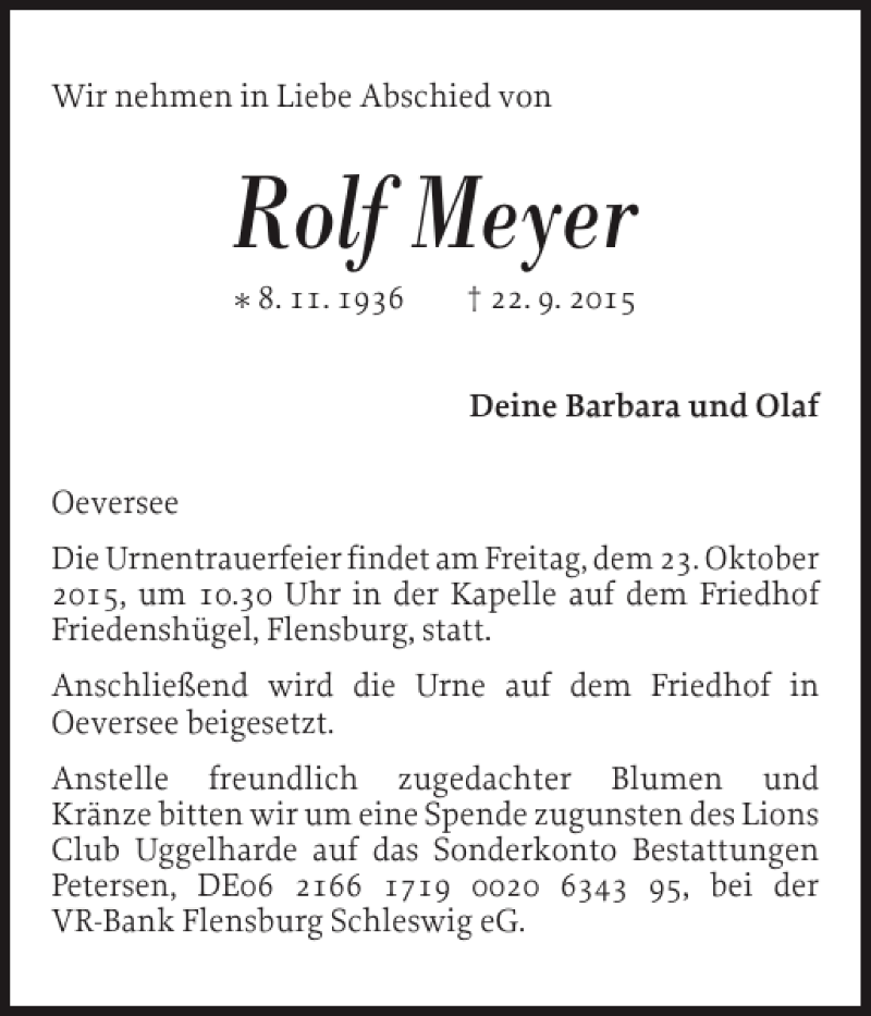  Traueranzeige für Rolf Meyer vom 17.10.2015 aus Flensburger Tageblatt