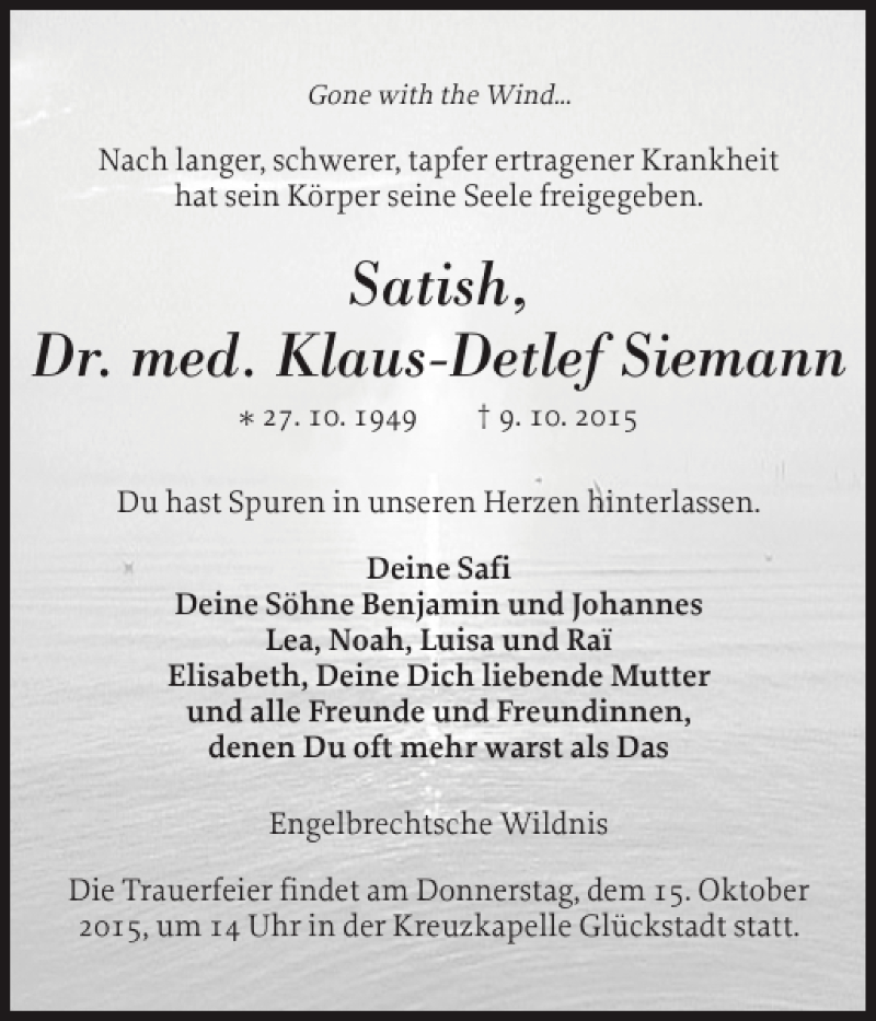  Traueranzeige für Satish  vom 12.10.2015 aus Norddeutsche Rundschau