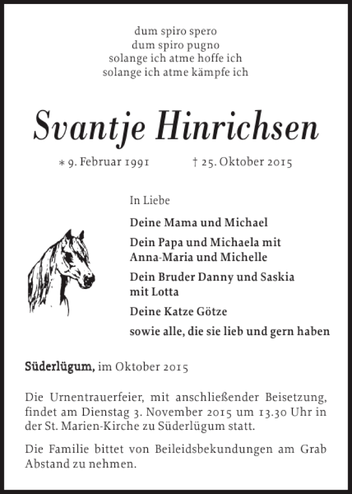  Traueranzeige für Svantje Hinrichsen vom 29.10.2015 aus Nordfriesland Tageblatt