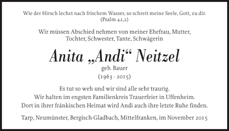  Traueranzeige für Anita Andi Neitzel vom 17.11.2015 aus Flensburger Tageblatt