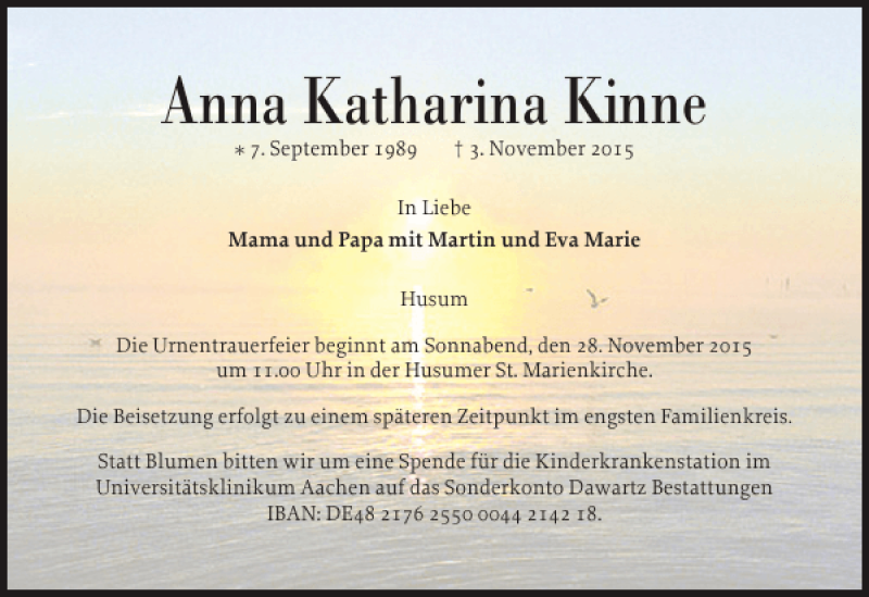  Traueranzeige für Anna Katharina Kinne vom 21.11.2015 aus Husumer Nachrichten