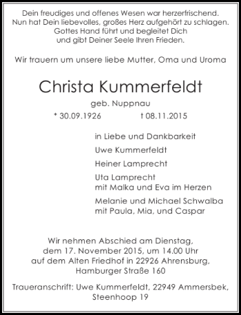 Traueranzeige von Christa Kummerfeldt von Stormarner Tageblatt