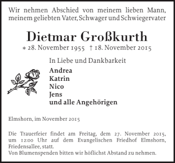 Traueranzeige von Dietmar Großkurth von Elmshorner Nachrichten