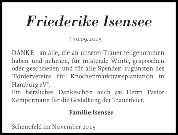 Traueranzeige von Friederike Isensee von Norddeutsche Rundschau