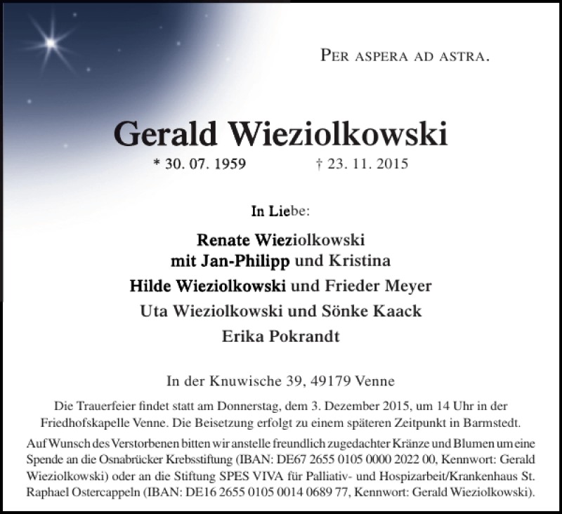  Traueranzeige für Gerald Wieziolkowski vom 28.11.2015 aus Elmshorner Nachrichten