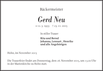 Traueranzeige von Gerd Neu von Landeszeitung