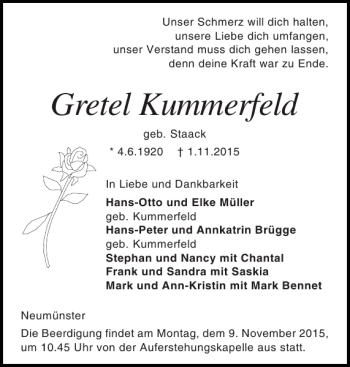 Traueranzeige von Gretel Kummerfeld von Holsteinischer Courier