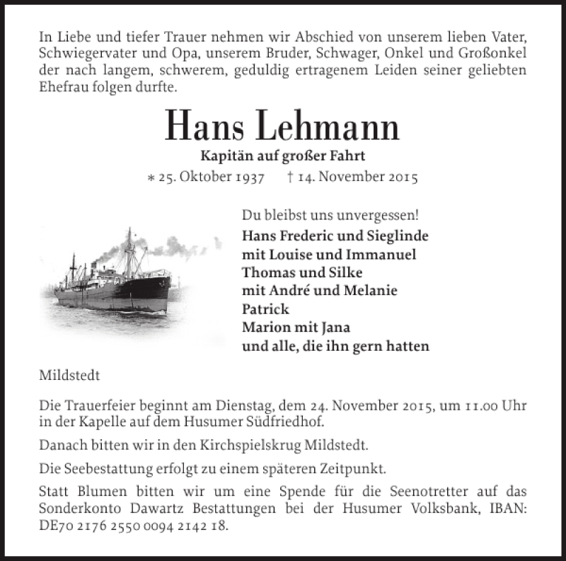  Traueranzeige für Hans Lehmann vom 18.11.2015 aus Husumer Nachrichten