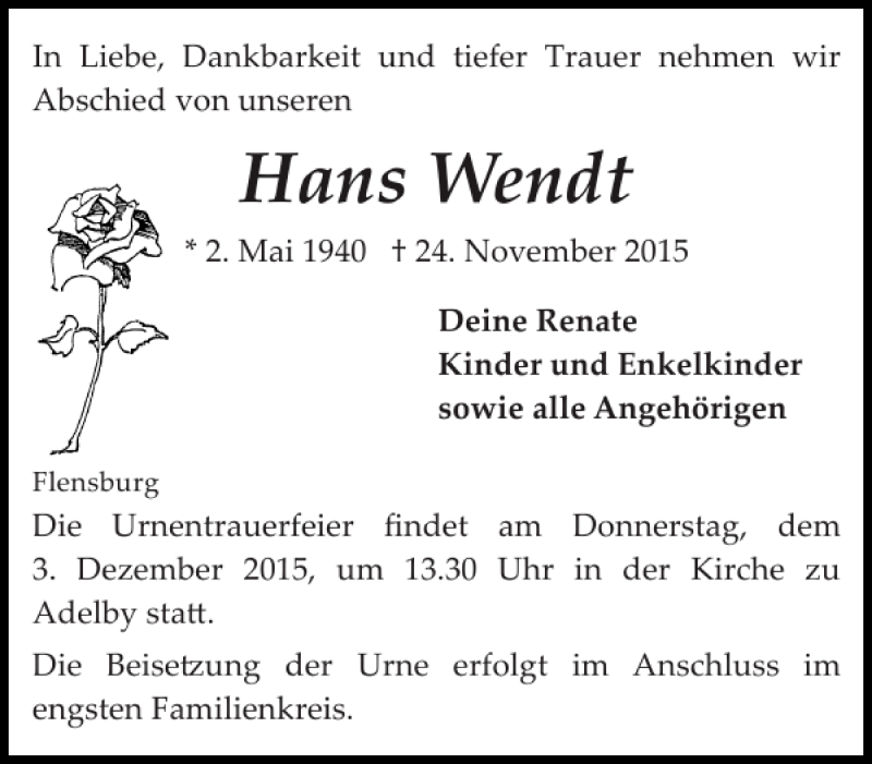  Traueranzeige für Hans Wendt vom 28.11.2015 aus Flensburger Tageblatt
