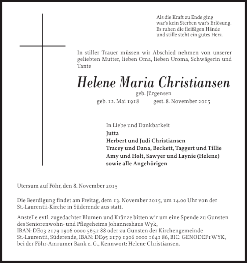  Traueranzeige für Helene Maria Christiansen vom 11.11.2015 aus Der Insel-Bote