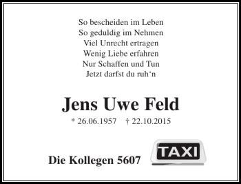Traueranzeige von Jens Uwe Feld von Stormarner Tageblatt