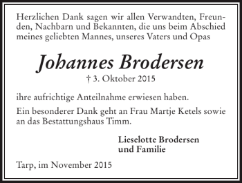 Traueranzeige von Johannes Brodersen von Flensburger Tageblatt