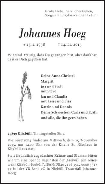 Traueranzeige von Johannes Hoeg von Nordfriesland Tageblatt