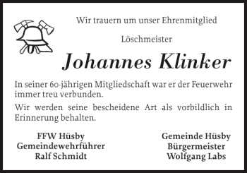 Traueranzeige von Johannes Klinker von Schleswiger Nachrichten