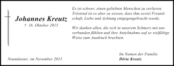 Traueranzeige von Johannes Kreutz von Holsteinischer Courier